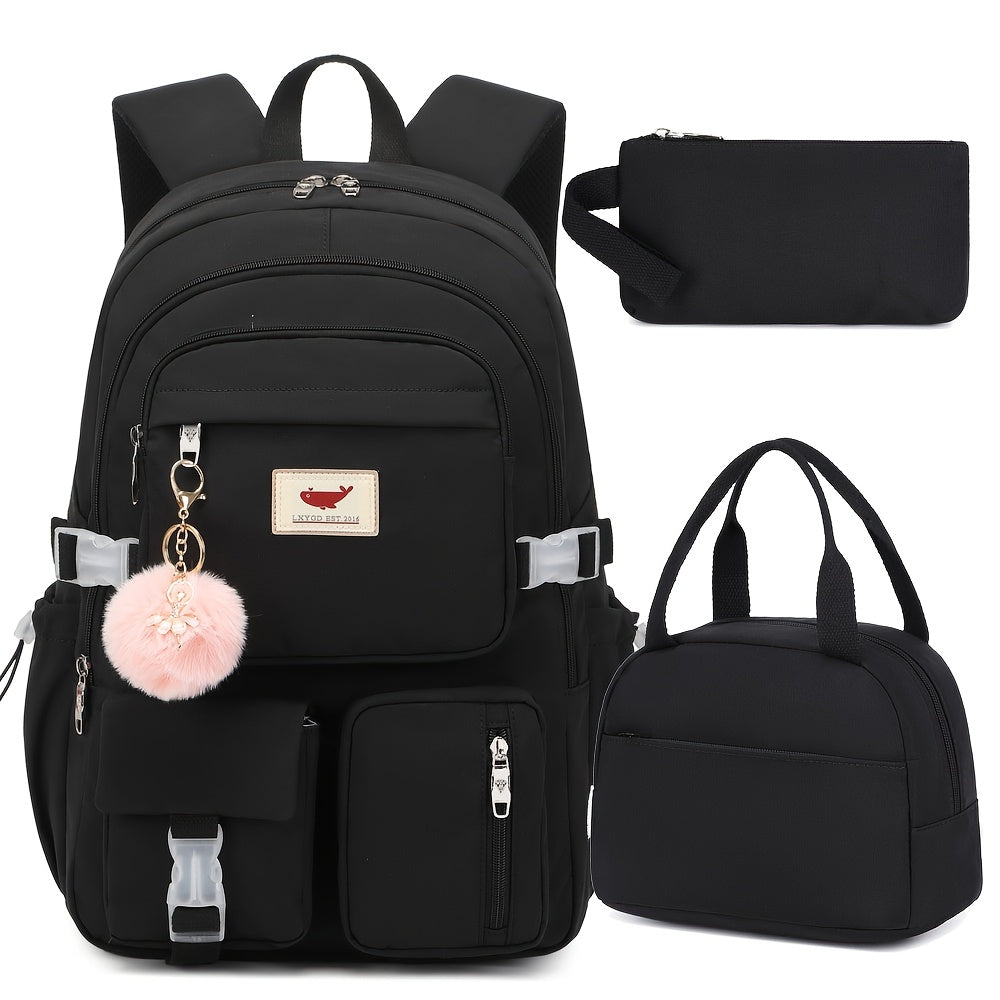 HIDDS Preppy Style 3pcs Backpack Set with Lunch & Pen Case, Nylon Urban Theme Women'S Travel College Backpack, Adjustable Straps, Zipper Closure, Solid Black - Fits 15.6" Laptop